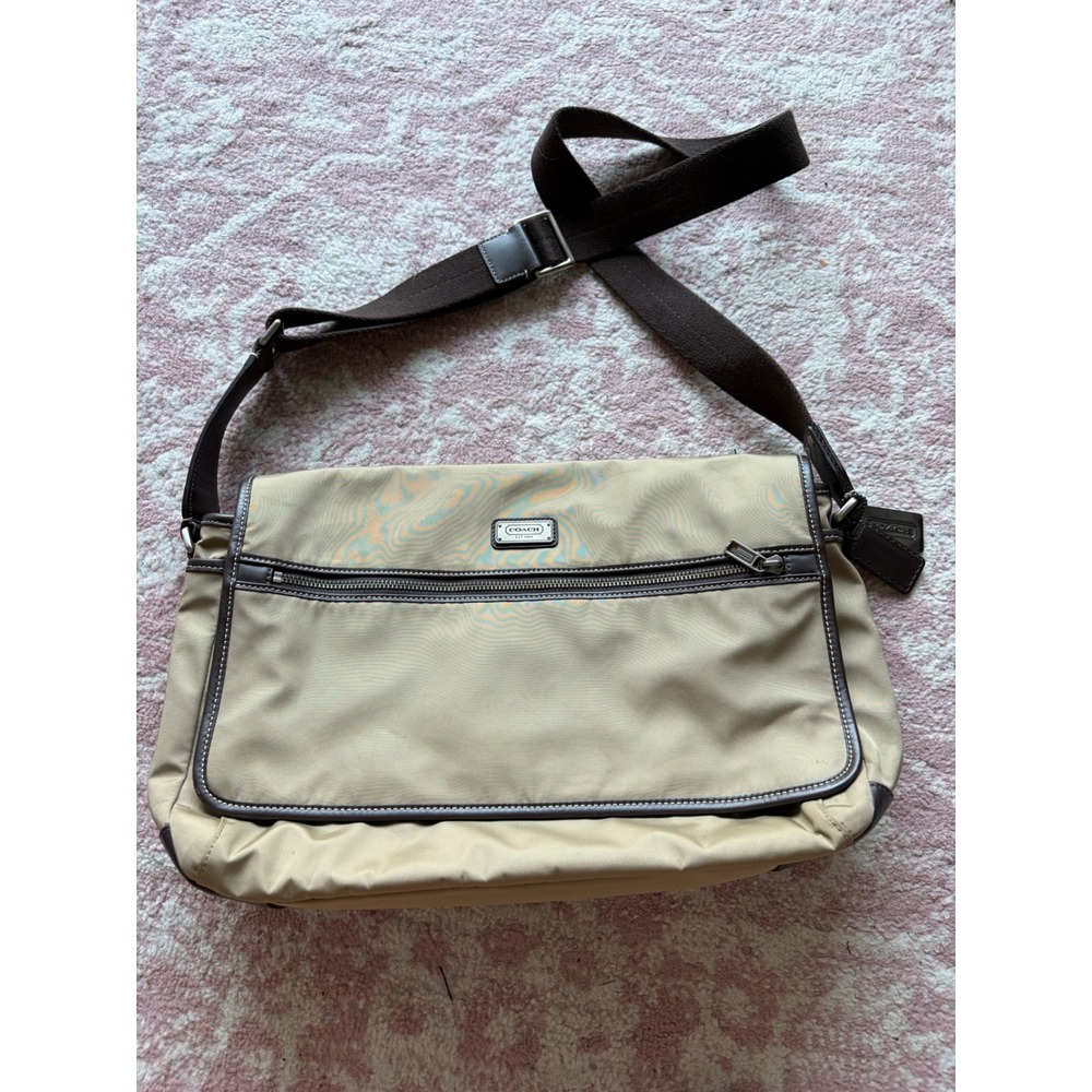Coach‎ Mens Messenger Bag Tan Nylon Brown Leather Crossbody F70355 Laptop Bag